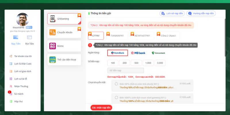 Thao tác nạp tiền nhanh gọn
